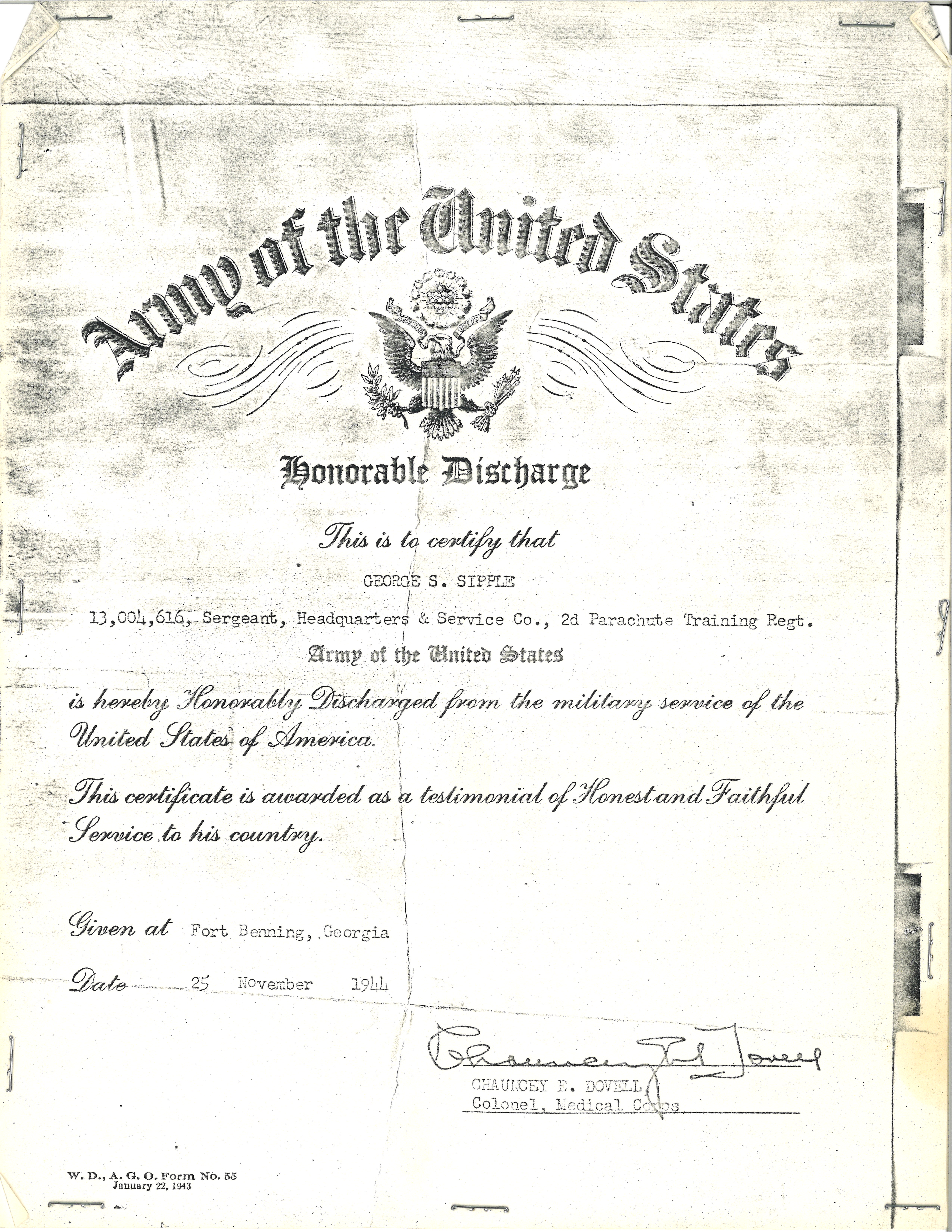 George Sipple's Discharge 1944